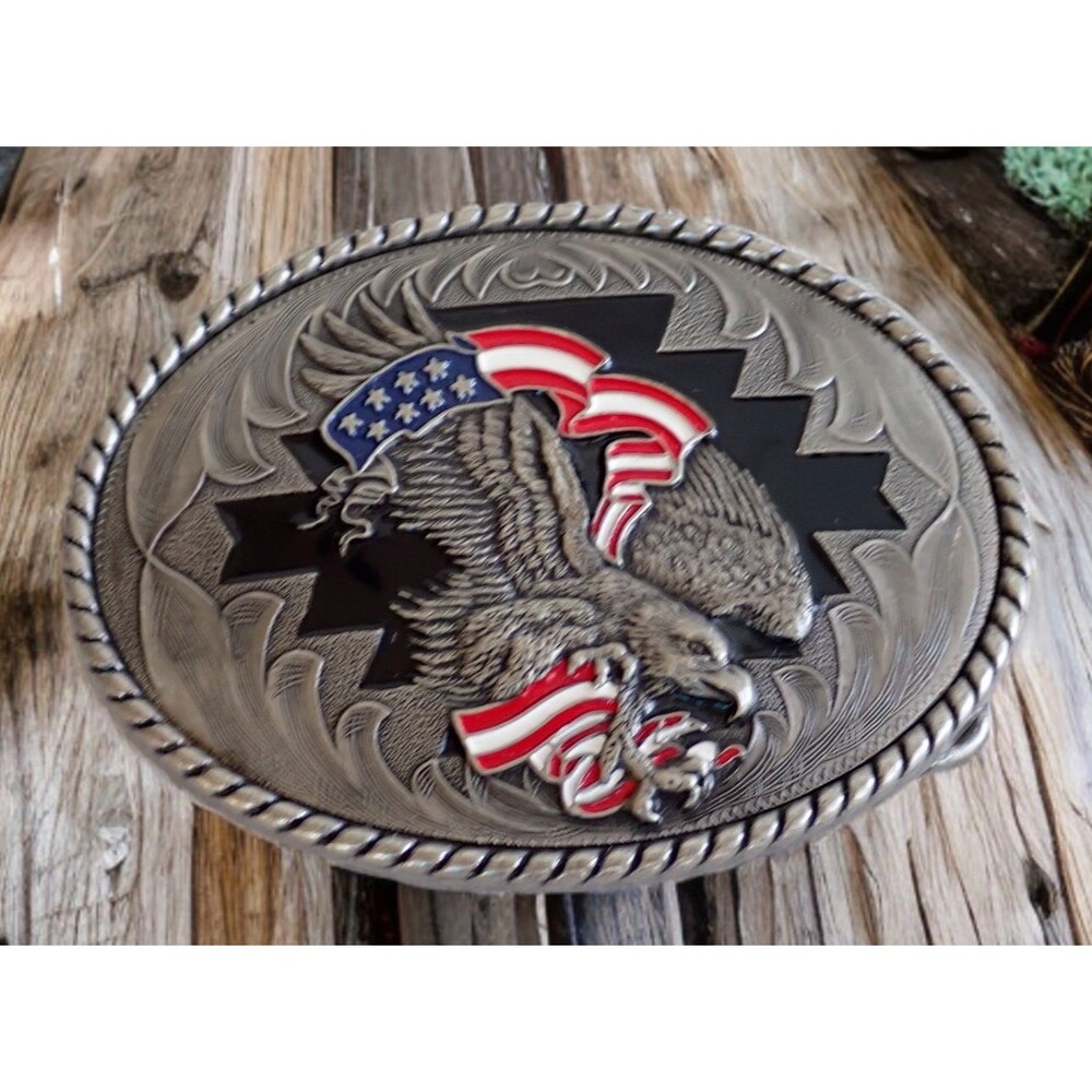 USA Flag Patriotic Bald Eagle Silver Tone Enamel Ivan Red White Blue Belt Buckle